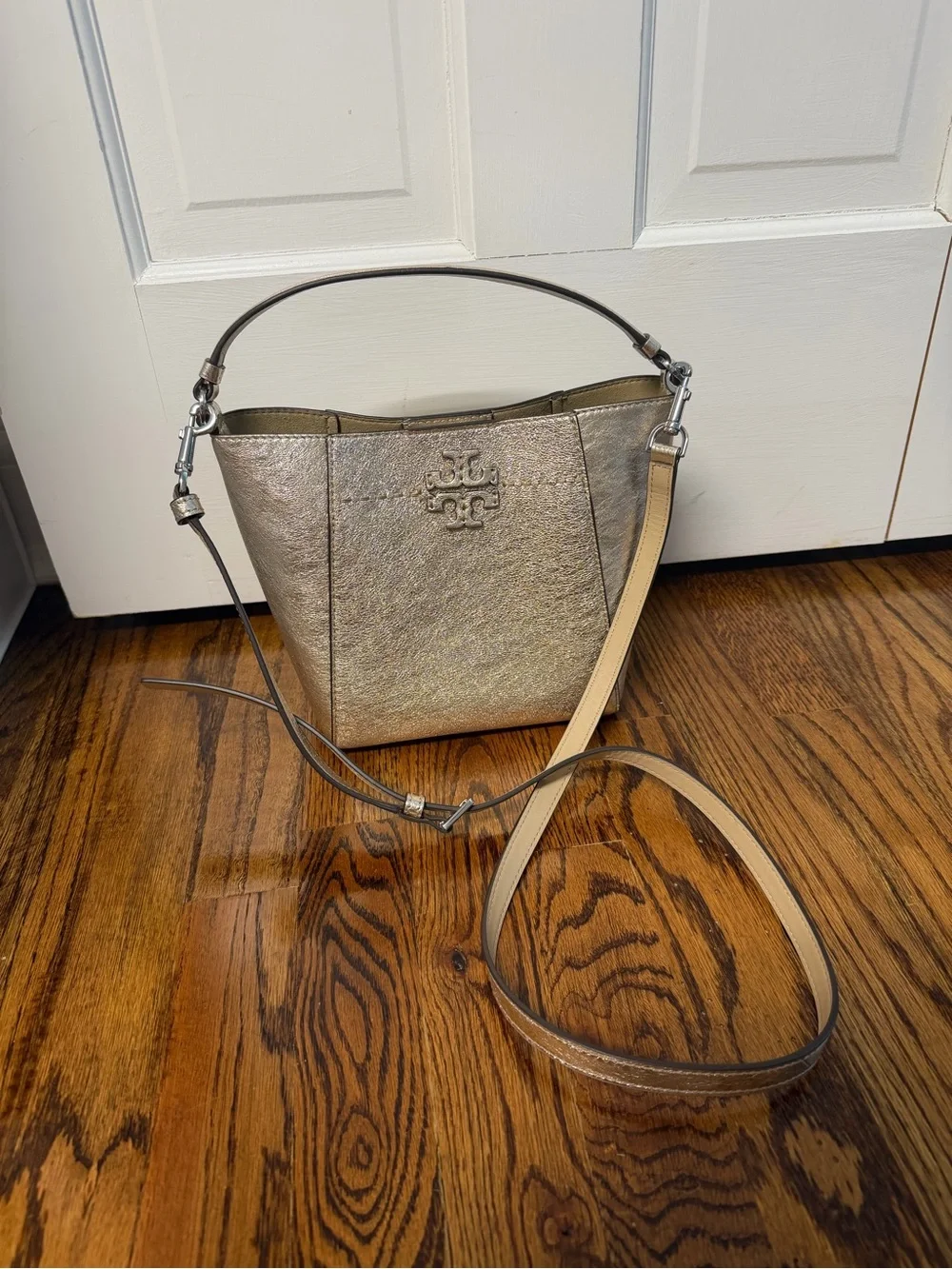 Tory Burch Metallic Gold Leather Shoulder Bucket Bag